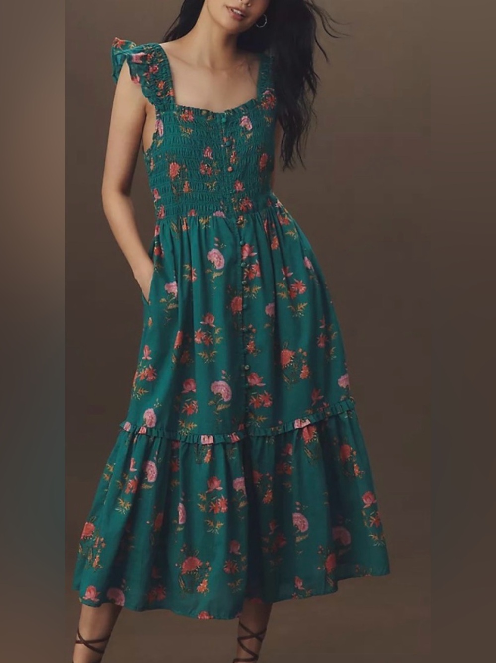 Anthropologie Peregrine Square Neck Midi Dress Pockets Smocked Flounce Teal Pink